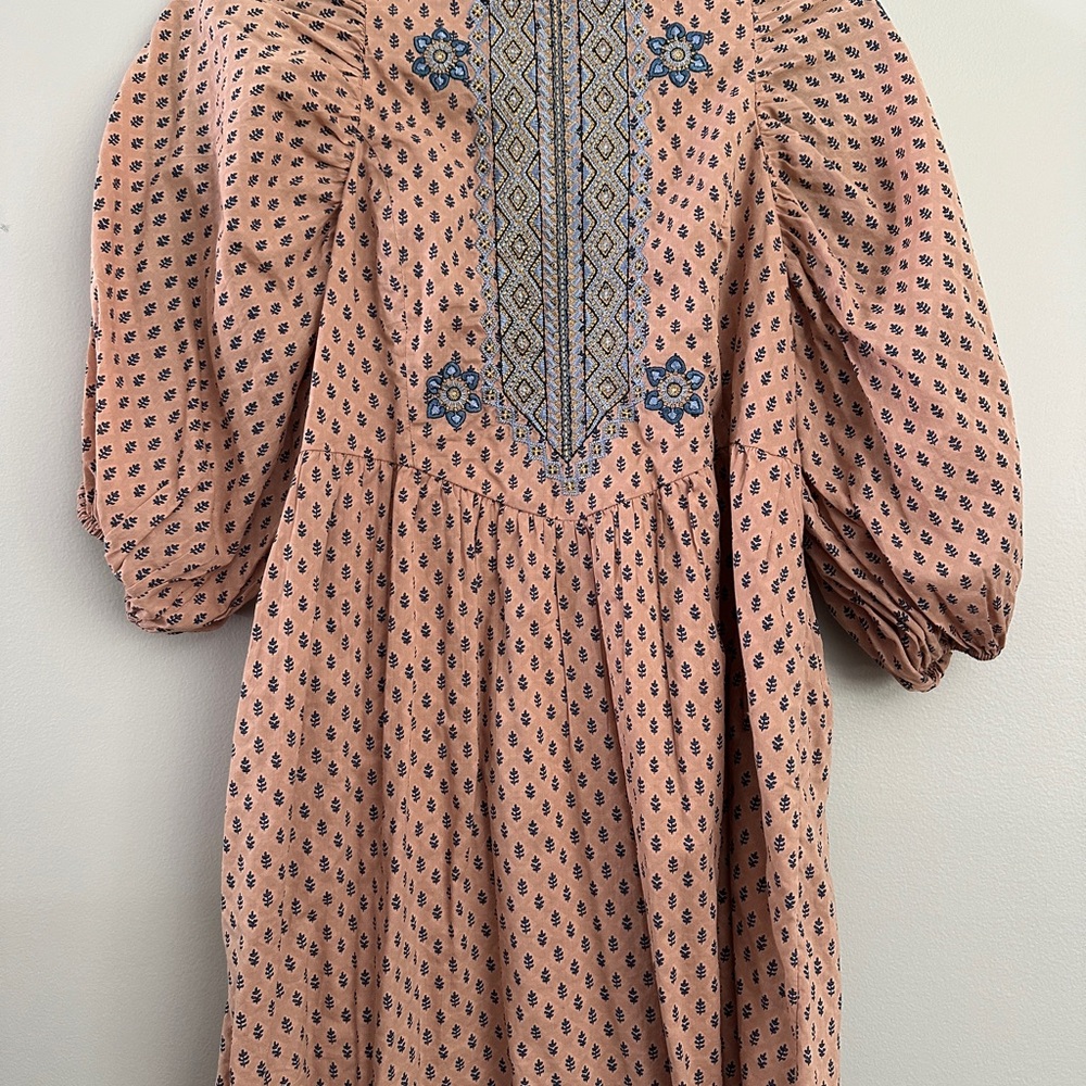 Anthropologie Peach and Blue Embroidered Dress
